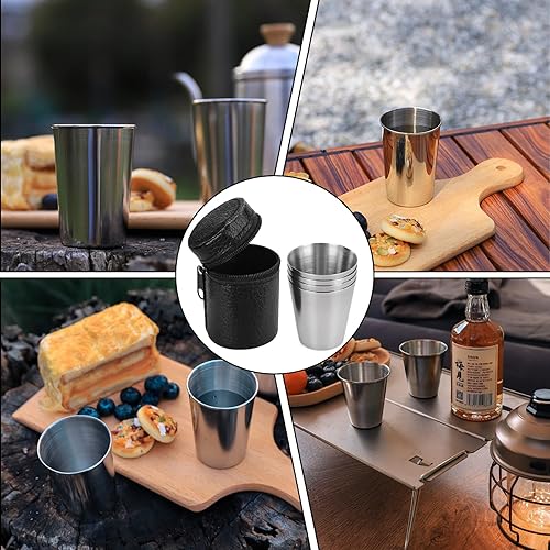 8 bicchieri in acciaio inox, 30 ml, impilabili, piccoli bicchieri in acciaio inox, impilabili con 2 custodie in pelle con chiusura lampo, per campeggio, picnic, escursionismo - Ysert