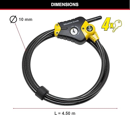 Master Lock 8420EURD Cavo Regolabile Antifurto da 30 cm a 4.5 m, Python ottimo per Strumenti, Attrezzature Sportive, Mobili da Giardino Nero/Giallo, 4.5 m - Ysert