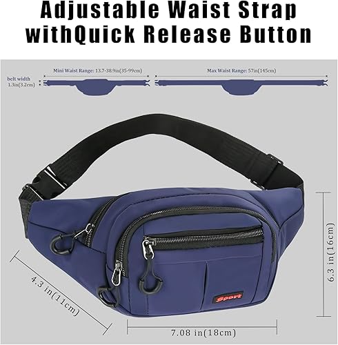 Marsupio Uomo Donna Unisex, Marsupio Sportivo Grande con 4 Zip Tasche, Marsupio con Cinturino Regolabile e Fibbia a Sgancio Rapido, per Allenamento All'aperto Escursionismo Campeggio, Blu - Ysert