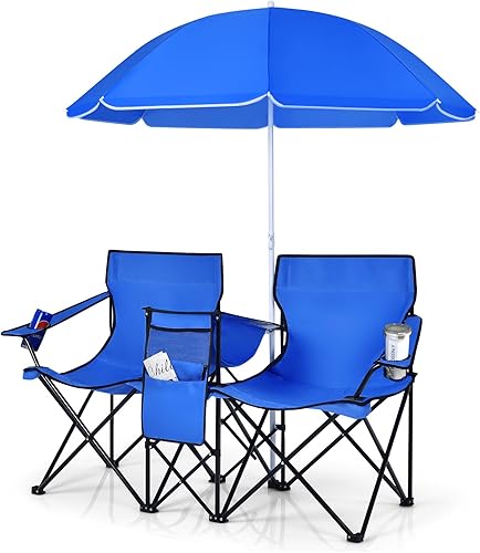COSTWAY Set di 2 Sedie da Campeggio Pieghevoli, con Ombrellone e Tavolino Contenitore, Resistente e Leggero, Capacità 113 kg (blu) - Ysert