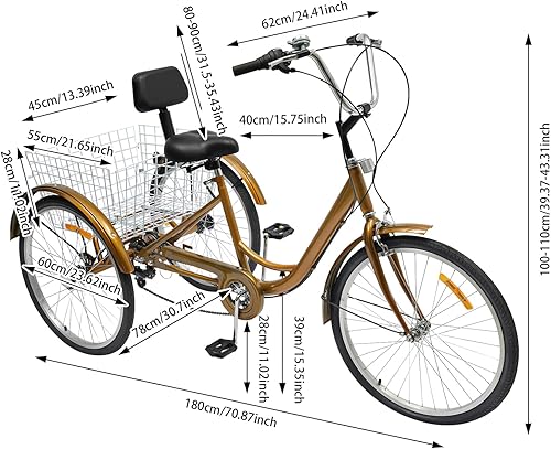 Bicicletta da carico da 24 pollici, 6 marce, triciclo pieghevole con cestino per la spesa, triciclo per adulti, bici con luce a LED, porta bicchiere - Ysert