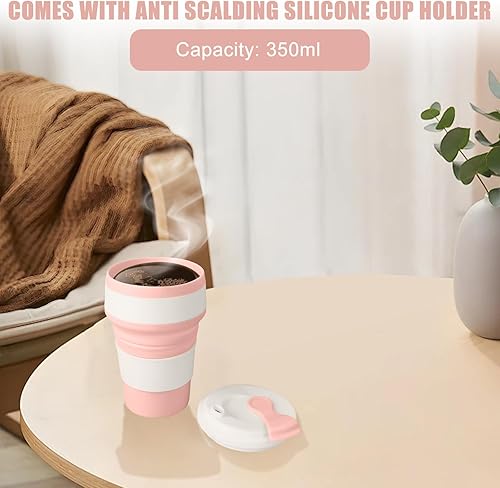 3 tazze pieghevoli in silicone, portatili, 350 ml, in silicone, con coperchio ermetico, pieghevole, senza BPA, per campeggio, escursioni (blu, rosa+verde) - Ysert