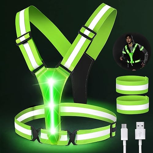 Gilet Riflettente di Sicurezza a LED - Giubbotto di avvertimento per Adulti/Bambini con 2 bande riflettenti, giubbotto per riflettore bicicletta regolabile per jogging, Corsa, Running, Ciclismo - Ysert