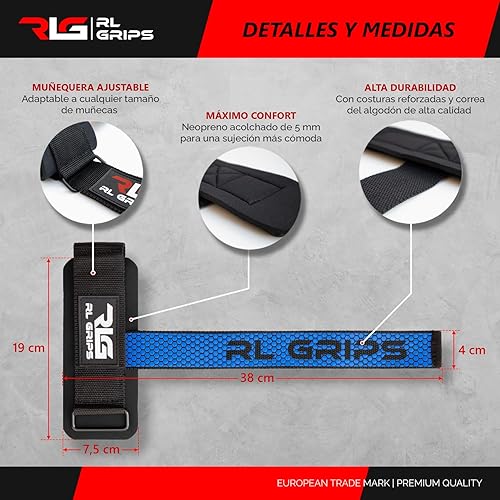 RL Grips® Straps Gym con Fasce per i Polsi per Il Sollevamento Pesi e Il Powerlifting - Fasce per la Schiena con Protezione per i Polsi - Maniglie da Palestra per Il Sollevamento Pesi - Ysert
