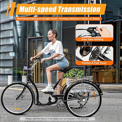 Triciclo da 26 pollici per adulti, triciclo da città a 6 marce, bicicletta per il tempo libero, triciciclo con cestino, ruote antiscivolo e resistenti all'usura, per shopping, viaggi, picnic - Ysert