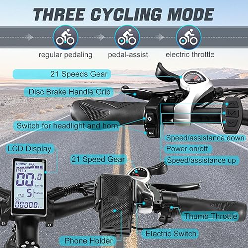 PHILODO Bicicletta elettrica per adulti, 26 x 4,0 pollici Fat Tire 48V 17,5Ah/22Ah batteria rimovibile Ebike Biciclette elettriche, 21 velocità, freno a disco idraulico - Ysert