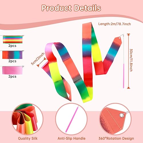 ZHXGO 6 Pezzi Dance Ribbons, 2m Ginnastica Ritmica Nastro con Fare Piroette Danza Baton Asta, Danza Nastri Artistica, Ginnastica Ritmica Bacchetta per Allenamento - Ysert