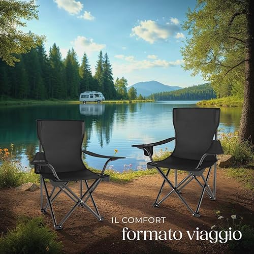 800829 Set 2X Sedie da Campeggio con Borsa per Il Trasporto, Mobili da Esterno, Pratico Poggiabevande, Telaio in Acciaio Stabile, Festival Pesca Vacanze, Nuovo - Ysert