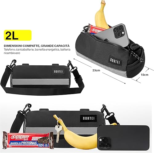 Borsa per manubrio bici da strada, ghiaia e BTT - Zaino Bikepackaging con tracolla rimovibile per spalla e cerniera impermeabile - 23 x 10 cm - 2 l (nero) - Ysert