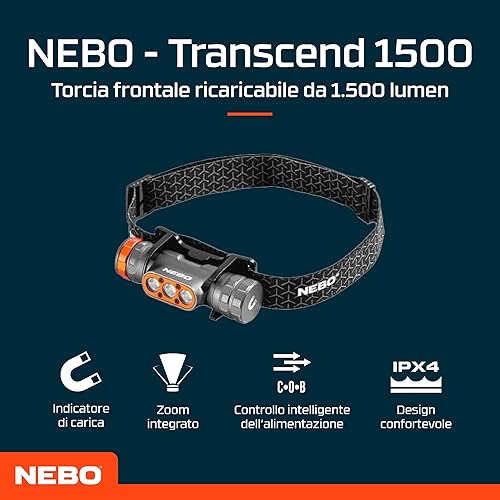 NEBO Transcend 1500 - Torcia frontale ricaricabile USB-C - Accessori per campeggio ed escursionismo - Lampada per corsa e sport all'aperto - Ysert