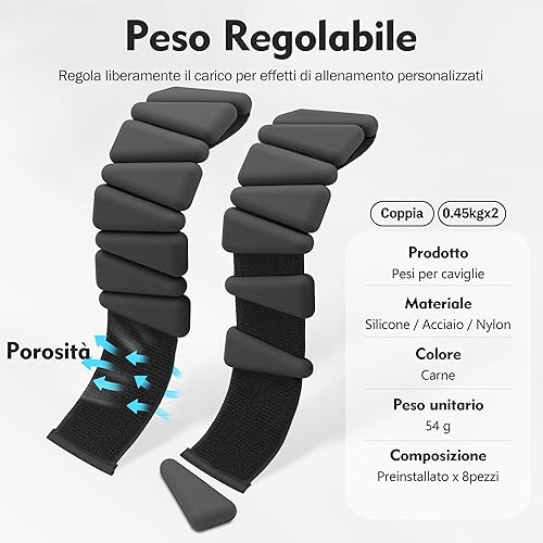 SUNYA Pesi da caviglia per donne e uomini - Set di 2 pesi da polso (2x0,45/0,5 kg) - Bracciale regolabile con pesi in silicone, perfetto per lo yoga e il pilates, la danza, la danza - Ysert