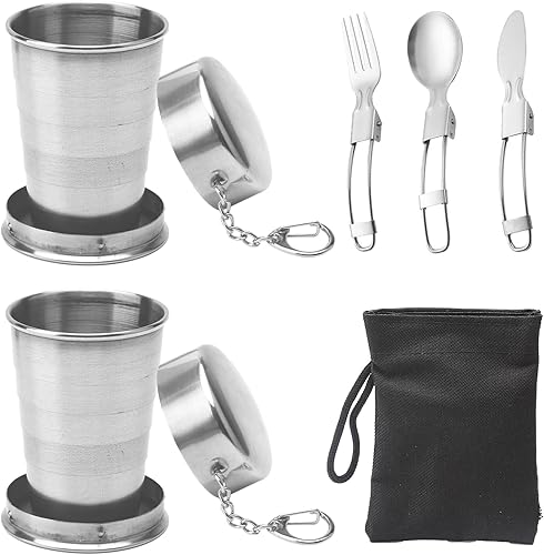 ZMDMAH 2 bicchieri pieghevoli in acciaio inox da 75 ml, pieghevoli, per esterni, in acciaio inox, con coperchio, da campeggio, con posate in acciaio inox (coltello, forchetta, piano di riso) - Ysert