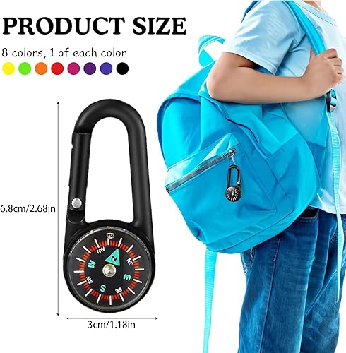 8 Pezzi Bussola Portachiavi, Bussola Professionale Colore, Bussola Bambini Portatile, Bussola Moschettone 2 in 1, per Campeggio, Escursionismo, Arrampicata su Roccia, Escursionismo, Viaggio - Ysert