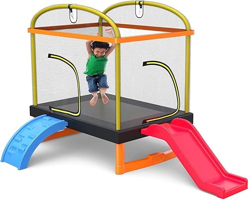 Trampolino Quadrato Con Scivolo E Scala Per Arrampicarsi, Include Rete Di Sicurezza, Tappetino, Altalena, Trampolino Da Giardino Per Uso Interno Ed Esterno, Regalo Di Compleanno Per Bambini - Ysert