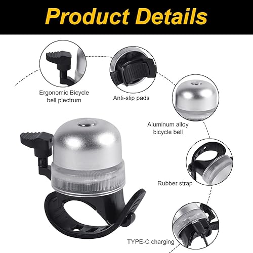 Flintronic Campanello per Bicicletta con Suono Nitido, Campanello per Bicicletta con Cinghie Regolabili, 3 Modalità di Illuminazione, per Bambini e Adulti, Mountain Bike, Bici da Strada - Ysert