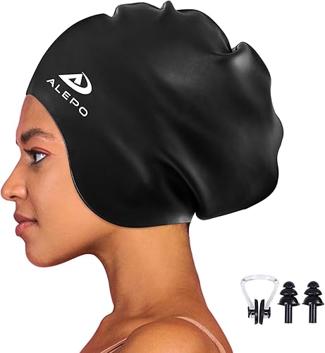 Alepo Cuffia da nuoto extra large per donne e uomini, in silicone resistente, per capelli lunghi con protezione per le orecchie, cuffia da nuoto unisex per adulti per capelli ricci lunghi e spessi e - Ysert