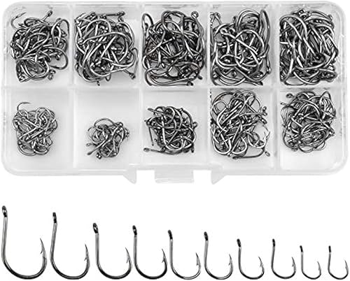 Amo da Pesca, 300 Pz Ami da Pesca in 10 Dimensioni, Amo da Pesca Occhiello, Ganci Spinato, Ami da Pesca in Acciaio al Carbonio con Scatola di Plastica, 3# - 12# - Ysert
