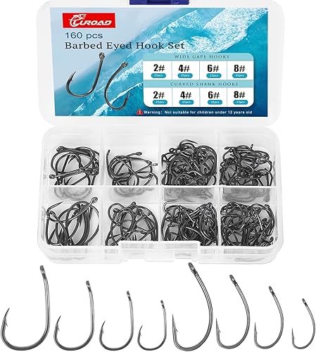 Set di Ganci da Pesca alla Carpa, 160 pezzi con Gambo Curvo/Ampio Gape per Carpa, Accessori da Pesca in Teflon con Gancio in Plastica, Dimensioni 2, 4, 6, 8, 10 - Ysert