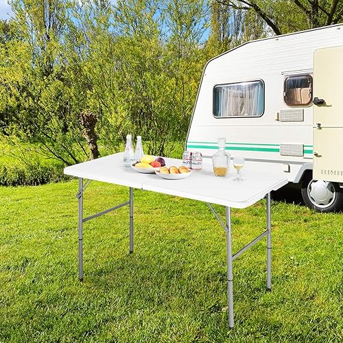 GIANTEX Tavolo da Campeggio Pieghevole, Tavolo da Giardino Portabile con Maniglia di Trasporto e Telaio in Acciaio, Regolabile in Altezza a 3 Posizioni, Portata di 150kg, 122x61x46/60/74cm, Bianco - Ysert