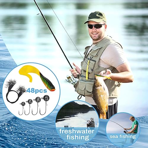 Esche da Pesca, 48 pezzi Kit Pesca Accessori, Testine Piombate Spinning con Esche Morbide 7g/10g/14g/17g, per Pesci di Acqua Dolce e Salata per Persico, Luccio, Lucioperca - Ysert