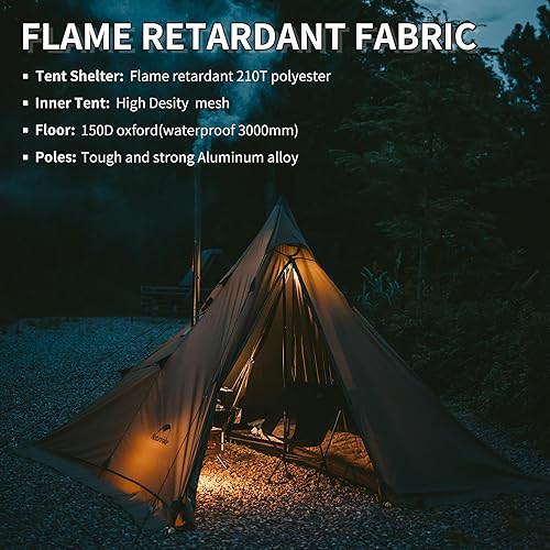 Naturehike Tenda Tipi Tende a cresta 3-4 Persone Tenda indiana Impermeabile Antivento Facile da montare Tenda a Piramide per il Campeggio all'aperto Famiglie - Ysert