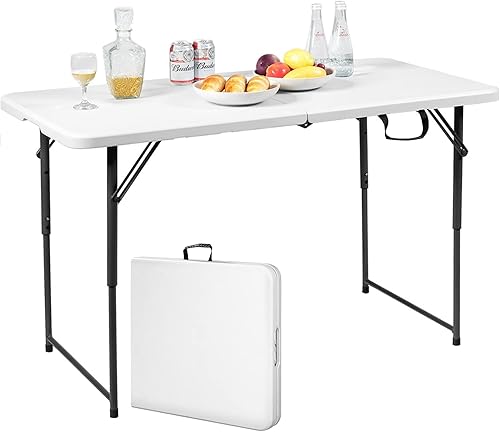 GIANTEX Tavolo da Campeggio Pieghevole, Tavolo da Giardino Portabile con Maniglia di Trasporto e Telaio in Acciaio, Regolabile in Altezza a 3 Posizioni, Portata di 150kg, 122x61x46/60/74cm, Bianco - Ysert