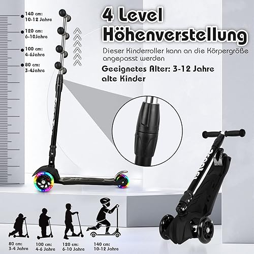 Monopattino pieghevole per bambini, con 3 ruote a LED e manubrio regolabile in altezza, freni posteriori, fino a 50 kg, per scooter bambini dai 3 ai 14 anni - Ysert