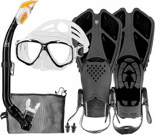 Set da Snorkeling per Bambini con Pinne, Vista Panoramica a 180° Occhialini Antiappannamento, Pinne da Nuoto Regolabili, Snorkel, Borsa in Rete ad Asciugatura Rapida - Ysert