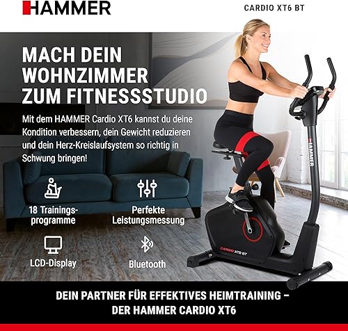HAMMER 4862 Ergometro Cardio XT6 BT, bicicletta fitness silenziosa con entrata profonda e sella Comfort, sistema volano da 13 kg, controllo Bluetooth e app, peso utente 130 kg, 93 x 51 x 150 cm - Ysert
