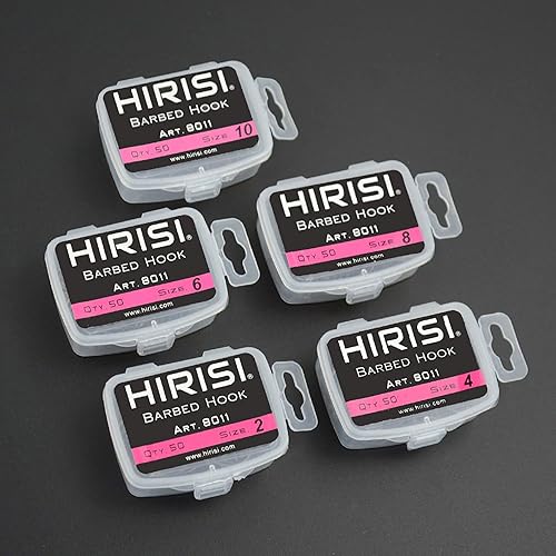 Hirisi 8011 - 50 ami da pesca da 2 a 10, con ardiglione, ganci per carpa con occhiello per la pesca alla carpa, in acciaio al carbonio, per boilie, diverse misure, confezione da 1 (50 pezzi) - Ysert