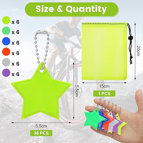 36 ciondoli riflettenti, catarifrangenti per bambini con custodia, zaino per la scuola riflettente, 6 colori, ciondolo a forma di stella, adatto per zaini, borse, vestiti, biciclette - Ysert