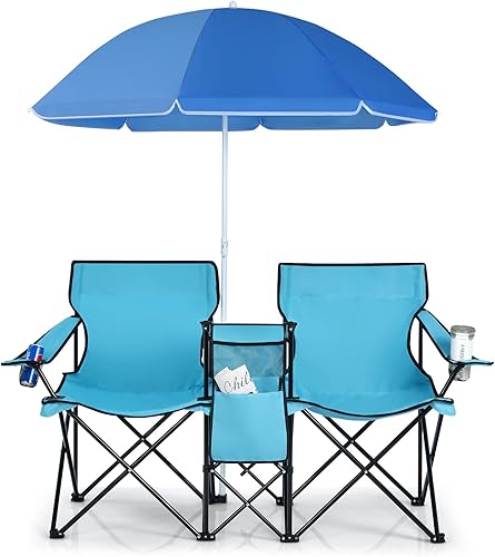 COSTWAY Set di 2 Sedie da Campeggio Pieghevoli, con Ombrellone e Tavolino Contenitore, Resistente e Leggero, Capacità 113 kg (blu) - Ysert