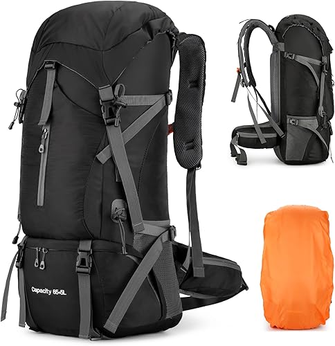 Zaino da 70L Impermeabile per Escursionismo e Campeggio con Copertura per la Pioggia, Ultraleggero ad Alta Capacità per Sport all'Aperto, Viaggio, Arrampicata e Touring (Nero) - Ysert