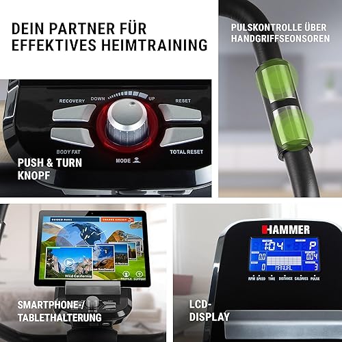 HAMMER 4862 Ergometro Cardio XT6 BT, bicicletta fitness silenziosa con entrata profonda e sella Comfort, sistema volano da 13 kg, controllo Bluetooth e app, peso utente 130 kg, 93 x 51 x 150 cm - Ysert