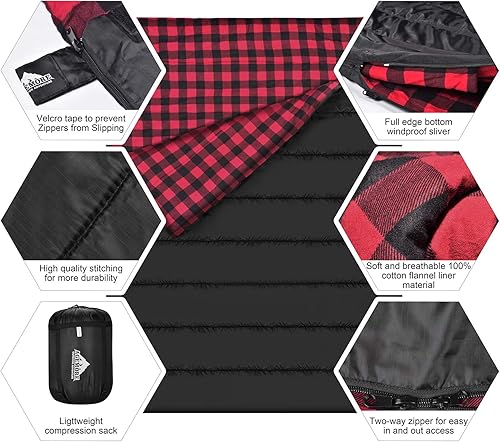 Sacco a pelo doppio in flanella di cotone per campeggio, zaino in spalla o escursionismo. Sacco a pelo per 2 persone impermeabile per adulti o ragazzi. Camion, tenda o materassino a pelo, - Ysert