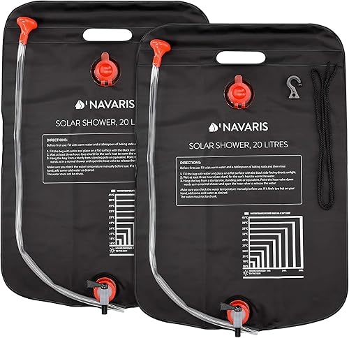 Navaris 2X Doccia Solare Campeggio Giardino - Serbatoio da 20L per Uso Esterno da Appendere - con Rubinetto soffione e Taschino - per Camping Spiaggia - Ysert