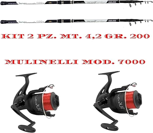 Canna Pesca Surfcasting Orata Serra Spigola Kit 2 Canne Gr. 200 Mt. 4,20 + 2 Mulinelli 7000 Combo - Ysert