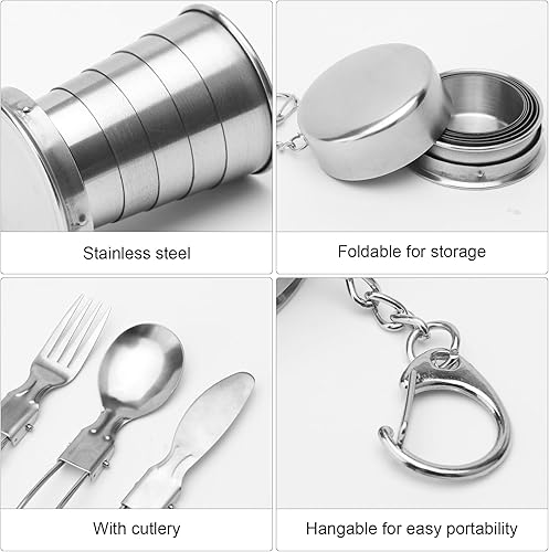 ZMDMAH 2 bicchieri pieghevoli in acciaio inox da 75 ml, pieghevoli, per esterni, in acciaio inox, con coperchio, da campeggio, con posate in acciaio inox (coltello, forchetta, piano di riso) - Ysert