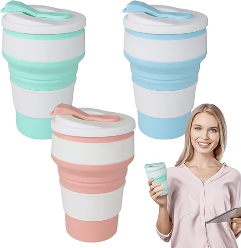 3 tazze pieghevoli in silicone, portatili, 350 ml, in silicone, con coperchio ermetico, pieghevole, senza BPA, per campeggio, escursioni (blu, rosa+verde) - Ysert