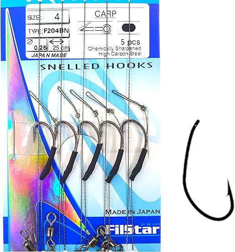 Set di 5 Ami da Pesca N4 con Filo Trecciato 25cm DIA 0,25mm & Girelle da Pesca – Corda Intrecciata – Accessori Pesca – Fishing Hooks Kit – Boilies & Pellet – Carpfishing – Pop Up Carp Rig - Ysert