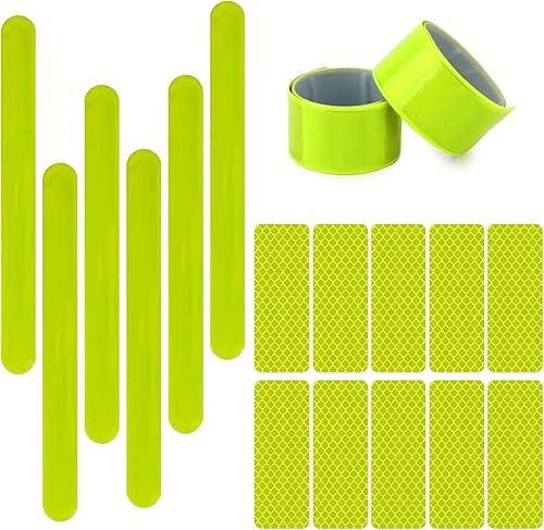 6 nastri fluorescenti (30 cm), 10 adesivi riflettenti, protezione solare, fasce riflettenti per il polso, per jogging, ciclismo, escursionismo e campeggio (giallo verde) - Ysert