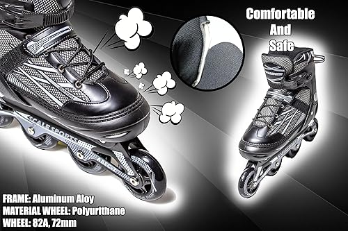Pattini in linea regolabili per adulti e adolescenti XL (41-44) UK 7.5-9.5 - Stivali a rotelle neri unisex per uomini, donne, ragazzi e ragazze - Ysert