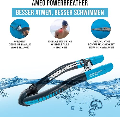 AMEO POWERBREATHER Beach Plus - Boccaglio ad aria fresca - Dispositivo di allenamento per piscina e acque libere per adulti e bambini - Set da snorkeling con sistema a valvola intelligente - Ysert