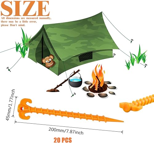 Picchetti da campeggio, 20 cm, in plastica, per campeggio, pioggia, escursioni, giardinaggio, attività all'aperto, spiaggia, caravan, colore giallo - Ysert