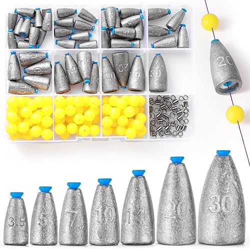 50 pesi da pesca a proiettile con anima in plastica, 100 perline, 20 girevoli, in ferro, 3,5 g, 5 g, 7 g, 10 g, 14 g, 20 g, 30 g, per pesca in acqua dolce e salata - Ysert