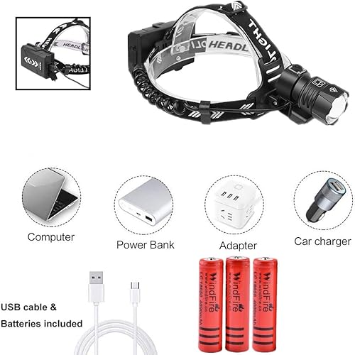 Potente Torcia Frontale, 20000 Lumen Lampade da Testa Super Luminosa XHP90 LED, Messa a Fuoco Regolabile 4 Modalità, USB Ricaricabile Impermeabile Campeggio Faro per Esterno, Escursionismo - Ysert