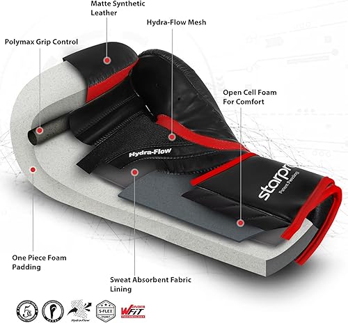 Starpro Guanti Boxe Professionali in Pelle Cronos Sintetica Premium. Guantoni Allenamento Donna e Uomo per Sparring, Muay Thai, Kickboxing, Fitness, Pugilato - Nero& Rosso - 10oz 12oz 14oz 16oz - Ysert