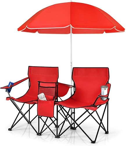 COSTWAY Set di 2 Sedie da Campeggio Pieghevoli, con Ombrellone e Tavolino Contenitore, Resistente e Leggero, Capacità 113 kg (blu) - Ysert
