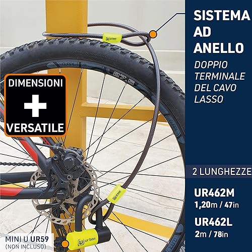UR462M/UR462L Cavo di Sicurezza per Bici Monopattino in Acciaio Flessibile Ø 10mm 120cm/200cm Antifurto Catena Doppio Anello per Fissare Ruote Sella Bicicletta Multifunzione Universale - Ysert