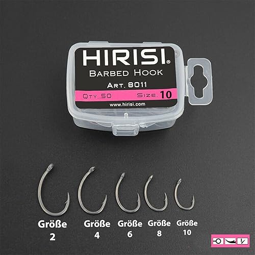 Hirisi 8011 - 50 ami da pesca da 2 a 10, con ardiglione, ganci per carpa con occhiello per la pesca alla carpa, in acciaio al carbonio, per boilie, diverse misure, confezione da 1 (50 pezzi) - Ysert